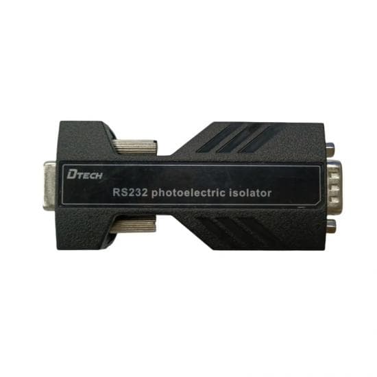 DTECH DTIB-0708 RS232 optoelectronic isolator with inline DB9 male and female connectors on a white background