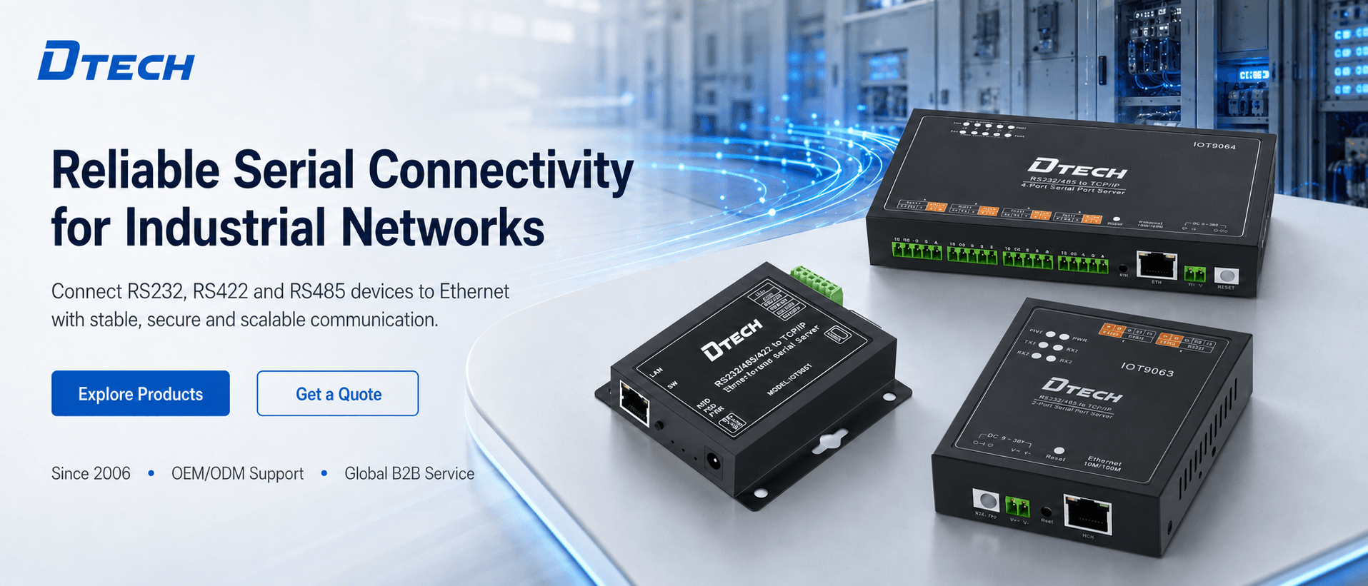DTECH industrial serial connectivity equipment for comparing RS232, RS422 and RS485 interfaces